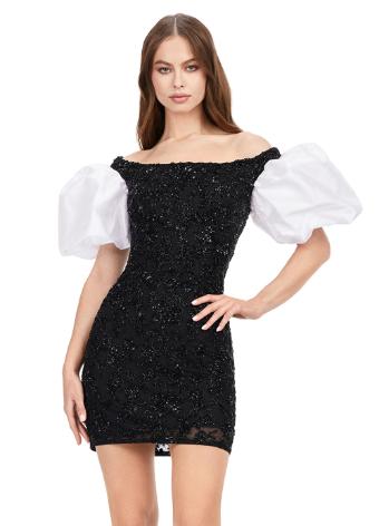 4609 Off Shoulder Beaded Cocktail Dress with Puff Sleeves