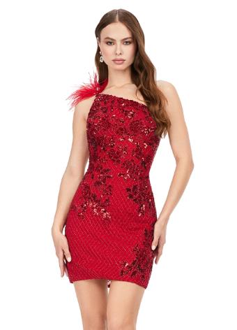 4612 One Shoulder Beaded Cocktail Dress with Feathers