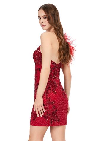 4612 One Shoulder Beaded Cocktail Dress with Feathers