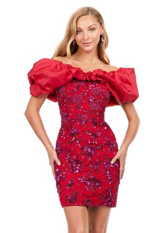 4613 Beaded Off Shoulder Cocktail Dress with Oversized Ruffle
