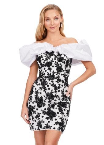 4613 Beaded Off Shoulder Cocktail Dress with Oversized Ruffle