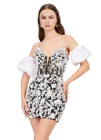 4614 Beaded A-Line Strapless Cocktail Dress with Detachable Puff Sleeves