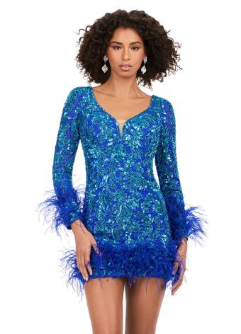 4616 Sequin Long Sleeve Cocktail Dress with Feathers