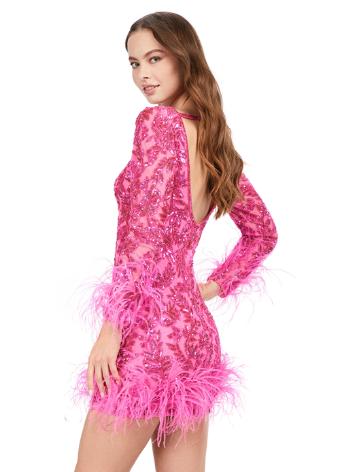4616 Sequin Long Sleeve Cocktail Dress with Feathers