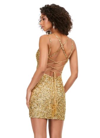 4625 Sequin Spaghetti Strap Cocktail Dress with Lace Up Back