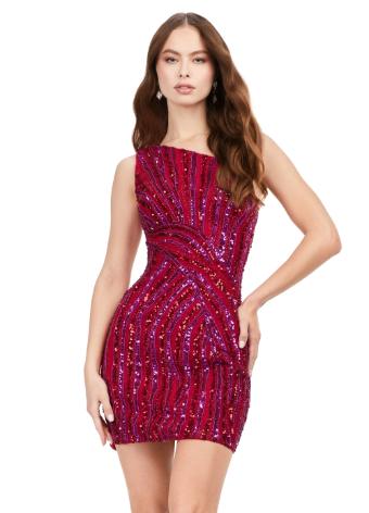 4627 Sequin One Shoulder Cocktail Dress with Asymmetrical Lace Up Back