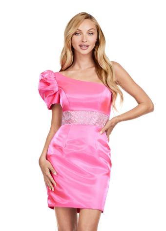 4647 One Shoulder Puff Sleeve Cocktail Dress
