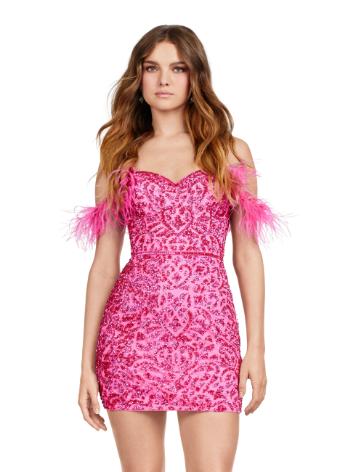 4651 Fully Beaded Cocktail Dress with Feathers and Lace Up Back