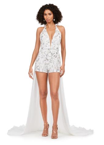 11386 Fully Beaded Romper with Chiffon Overskirt