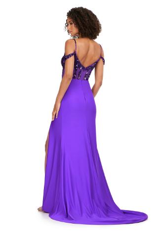 11391 Jersey Gown with Beaded Corset and Off Shoulder Straps