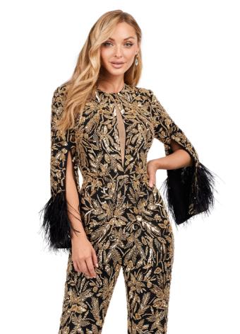 11394 Fully Beaded Jumpsuit with Feathers