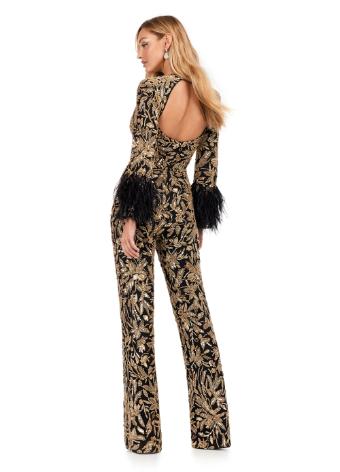 11394 Fully Beaded Jumpsuit with Feathers