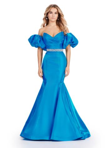 11419 Strapless Satin Gown with Oversized Puff Sleeves
