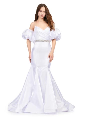 11419 Strapless Satin Gown with Oversized Puff Sleeves