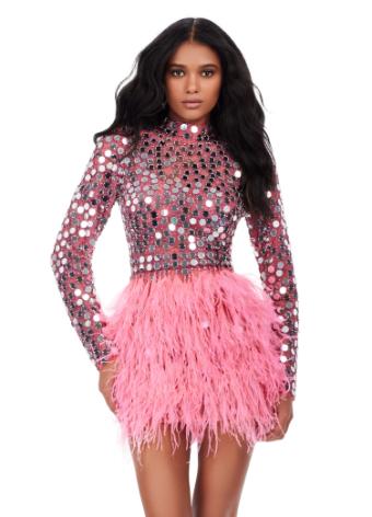 4673 Long Sleeve Cocktail Dress with Mirrors and Feathers