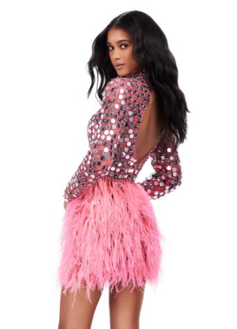 4673 Long Sleeve Cocktail Dress with Mirrors and Feathers