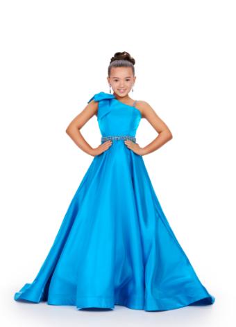 8248 Kids Satin Gown with Beaded Belt and Bow Accent