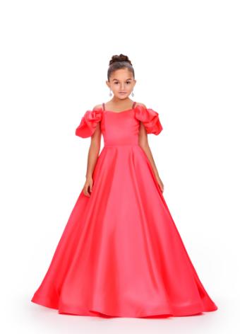8256 Kids Satin Gown with Off Shoulder Puff Sleeves