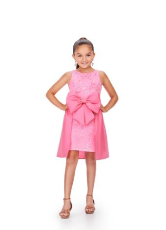 8266 Kids Sequin Cocktail Dress with Taffeta Overskirt and Bow