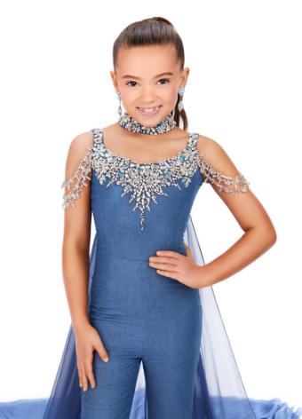 8267 Kids Denim Jumpsuit with Beaded Details and Cape