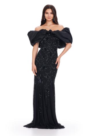 11433 Beaded Off Shoulder Gown with Oversized Ruffle