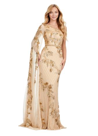11434 One Shoulder Fully Beaded Gown with Floor Length Sleeve