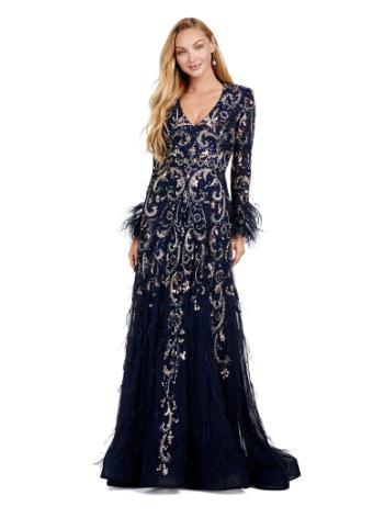 11435 Long Sleeve A-Line Gown with Feather Details