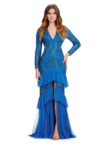 11436 Long Sleeve Beaded V-Neck Gown with Center Slit and Ruffles