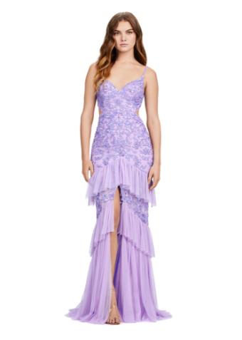 11437 Beaded Spaghetti Strap Gown with Cut Outs and Ruffles