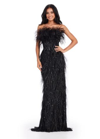 11453 Strapless Fully Beaded Gown with Feathers