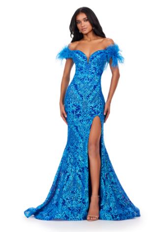 11463 Stretch Sequin Gown with Off Shoulder Feather Straps