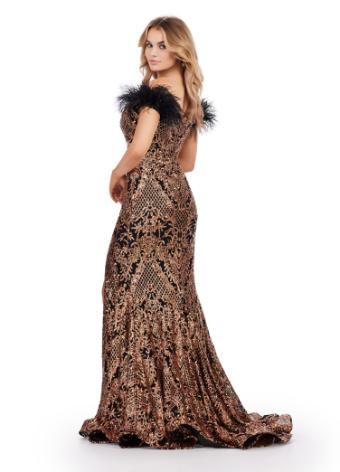 11463 Stretch Sequin Gown with Off Shoulder Feather Straps