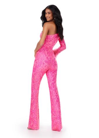 11465 One Shoulder Stretch Sequin Jumpsuit with Cut Out and Feather Cuff
