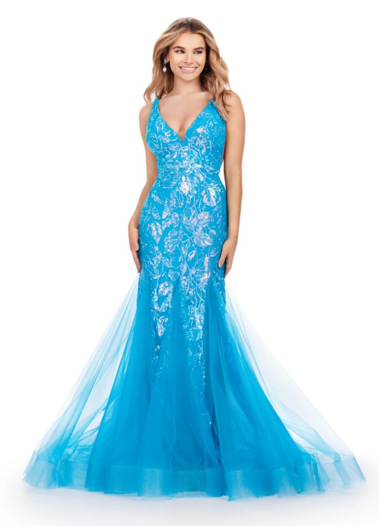 ASHLEYlauren - V-Neck Stretch Sequin Gown with Pleated Tulle