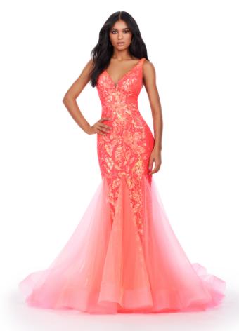 11472 V-Neck Stretch Sequin Gown with Pleated Tulle Mermaid Skirt