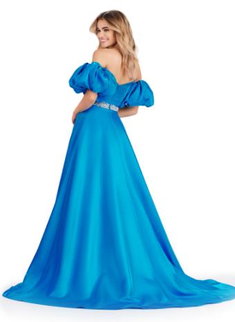11474 Strapless Satin Ball Gown with Beaded Belt and Detachable Puff Sleeves