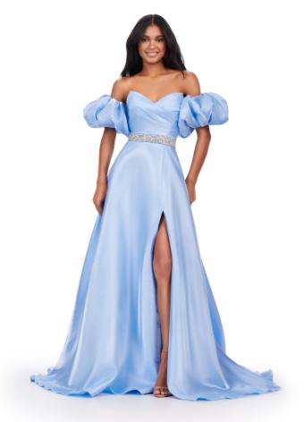 11474 Strapless Satin Ball Gown with Beaded Belt and Detachable Puff Sleeves