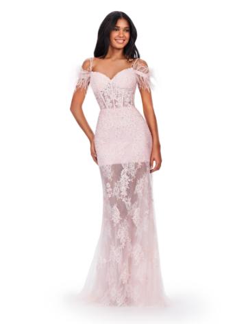 11481 Embroidered Gown with Off Shoulder Feather Sleeves