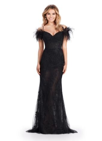 11481 Embroidered Gown with Off Shoulder Feather Sleeves