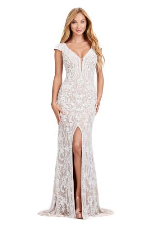 11497 Fully Beaded V-Neck Evening Gown with Cap Sleeves and Center Slit