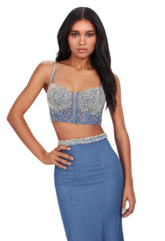 11511 Denim Two Piece Gown with Fully Beaded Bustier