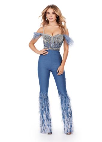 11513 Denim Jumpsuit with Beaded Bustier and Ombre Feather Details