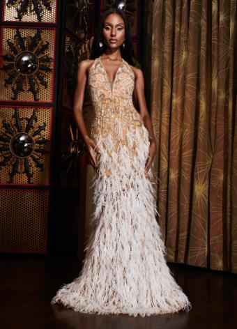 11514 Fully Beaded Gown with Fringe and Feathers