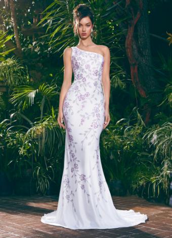 11525 One Shoulder Jersey Gown with Press On Floral Bead Pattern