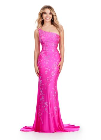 11525 One Shoulder Jersey Gown with Press On Floral Bead Pattern