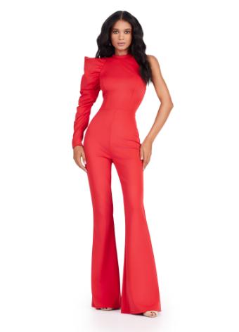 11531 One Shoulder Scuba Jumpsuit with Puff Sleeve
