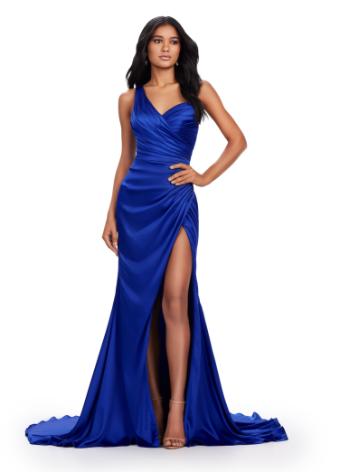 11574 One Shoulder Draped Satin Gown with Left Leg Slit