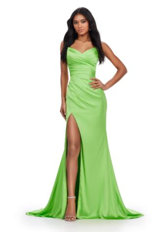 11605 Strapless Satin Dress with Right Leg Slit and Lace Up Back