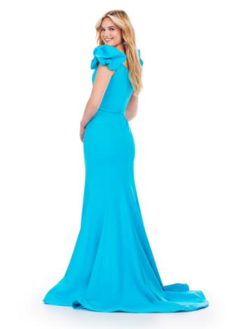 11615 A-Line Scuba Gown with Beaded Belt and Puff Sleeves