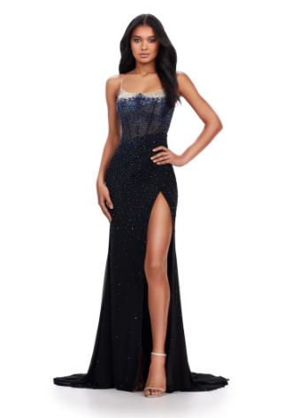 11616 Spaghetti Strap Dress with Left Leg Slit and Corset Bustier